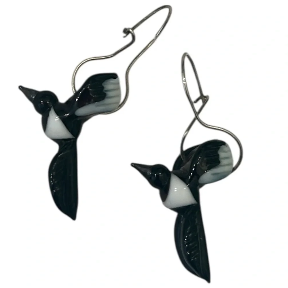 Artisan handmade Black & White glass Bird pierced Earrings